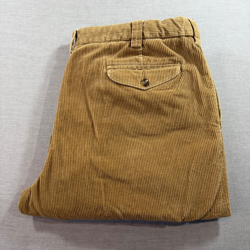 LL Bean Corduroy Pants Mens 38x29 Tan Wide Wale Pleated Cotton Trousers EUC
